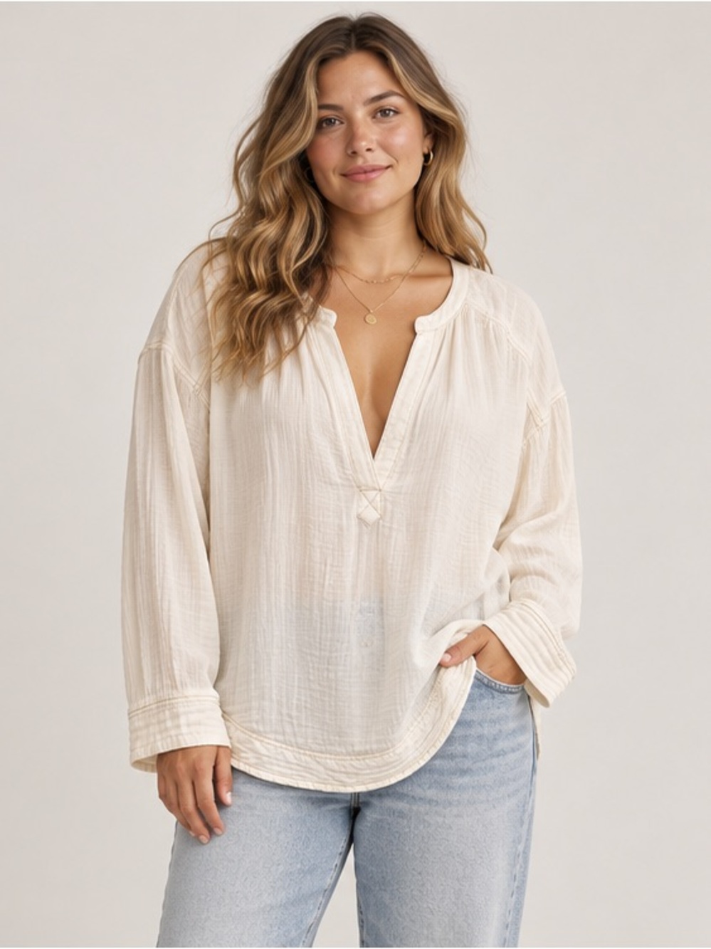We The Free Cream Optic White V-Neck Gauze Relaxed Boho Coastal Tunic Top Large